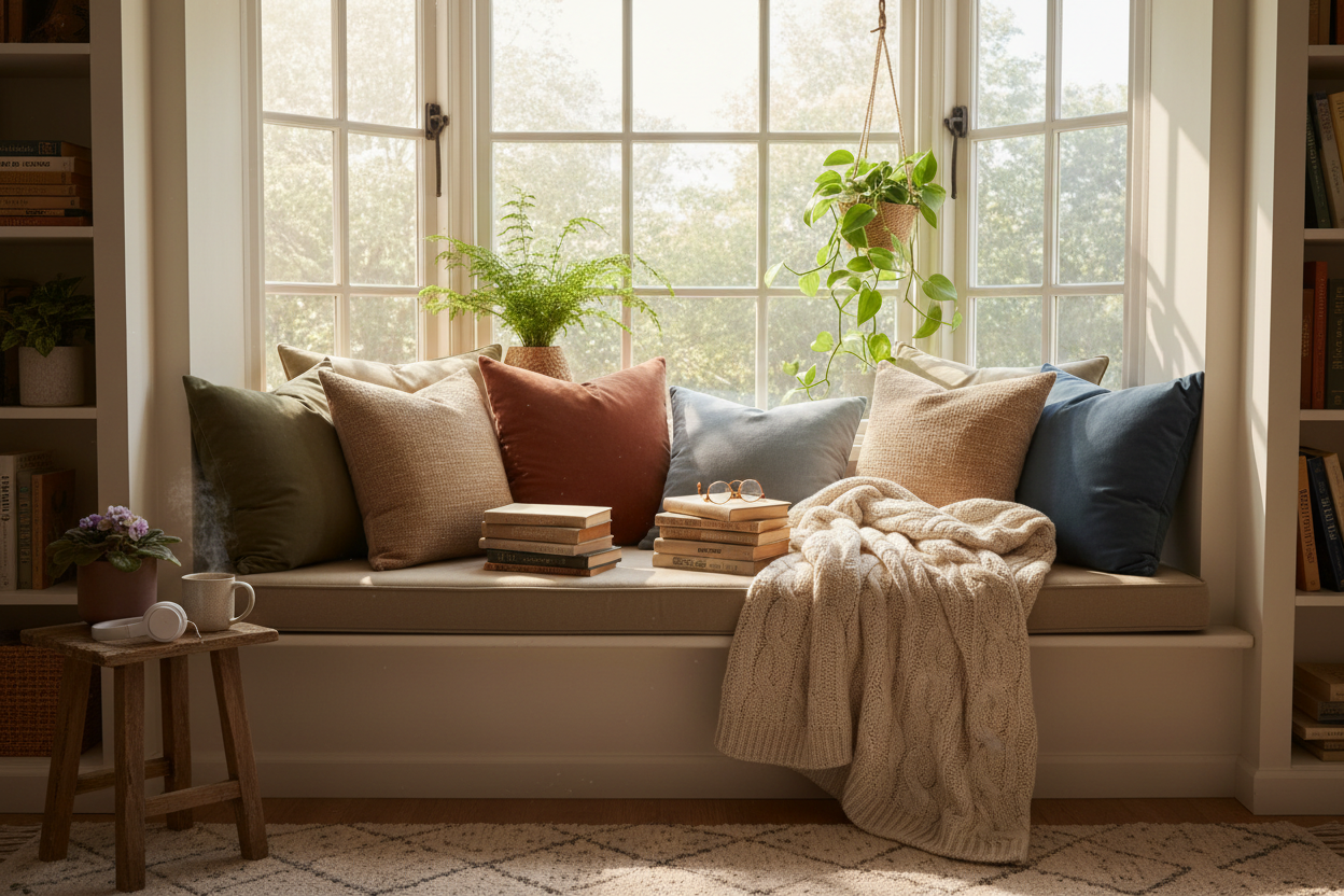 A brightly lit cozy reading nook by a window