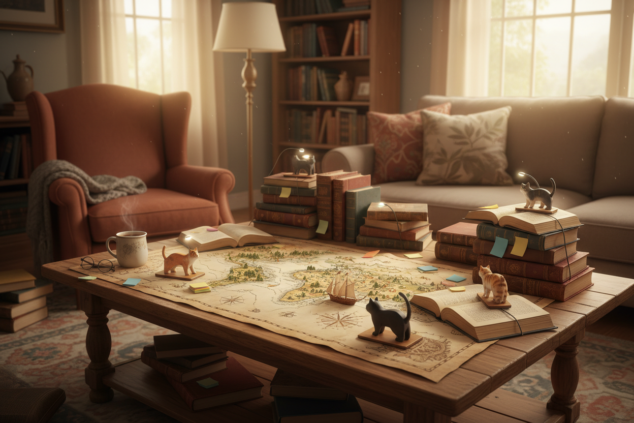 A warm living room with a coffee table that's covered in a fantasy map, books, clip-on book lights, sticky notes, and wooden cat shaped page-holders 